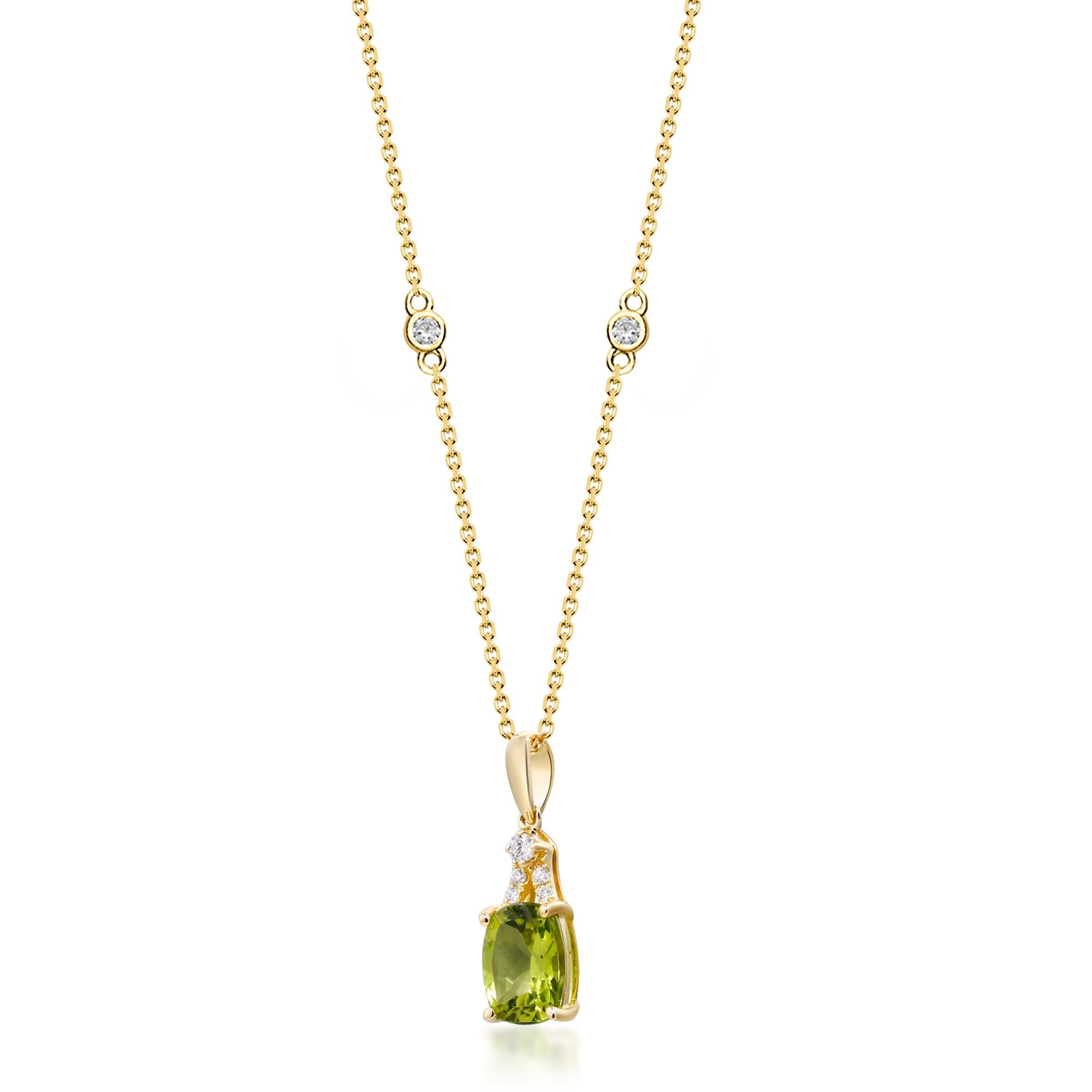 Decorate yourself in elegance with this Pendant crafted from 10-karat Yellow Gold by Gin & Grace. This Pendant is made up of 6*8 mm Peridot Cushion-cut (1 pcs )1.43 carat and Round-cut Diamond (5 Pcs) 0.05 carat. This Pendant weighs 1.81 grams. This