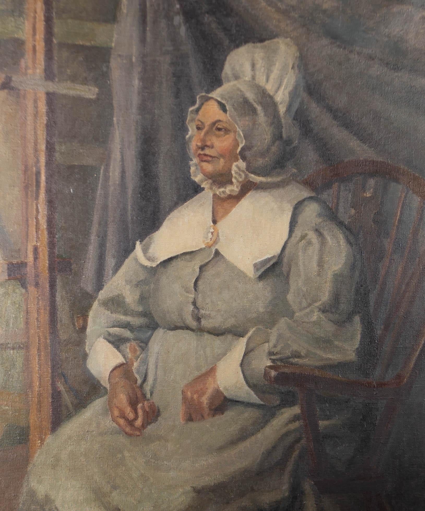 An unusual portrait of a middle aged woman dressed in 19th century Quaker costume, by Nora Braham. Braham was a student at the Slade School and it is very likely this painting was completed during her time in London. The portrait is well presented