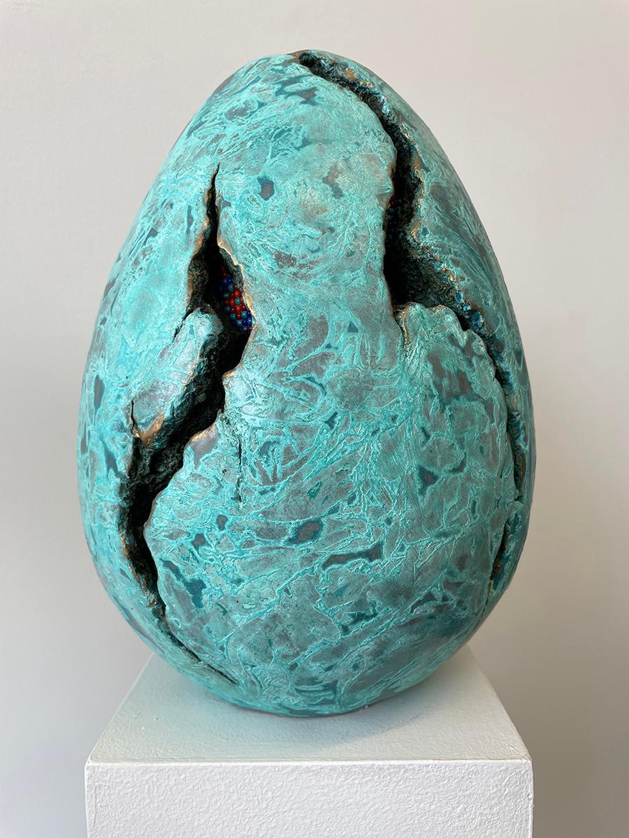 Nora Chavooshian Figurative Sculpture - EGG REDUX (Blue Patina)