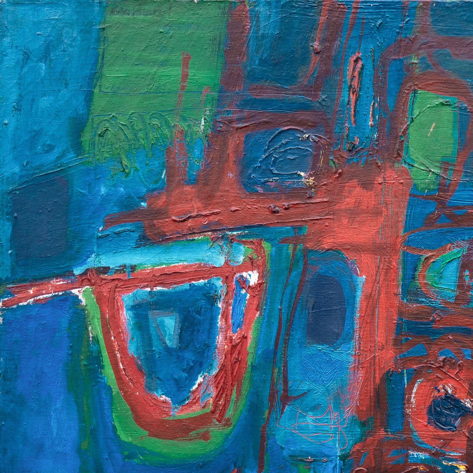 Signed upper left, 'Nora Frenkel' (Israeli-American, 1931-1996); additionally signed, verso, on stretcher, titled, 'Composition in Blue and Red' and dated 1966.

Born in Shanghai, Nora Frenkel spent much of her childhood in France and the United