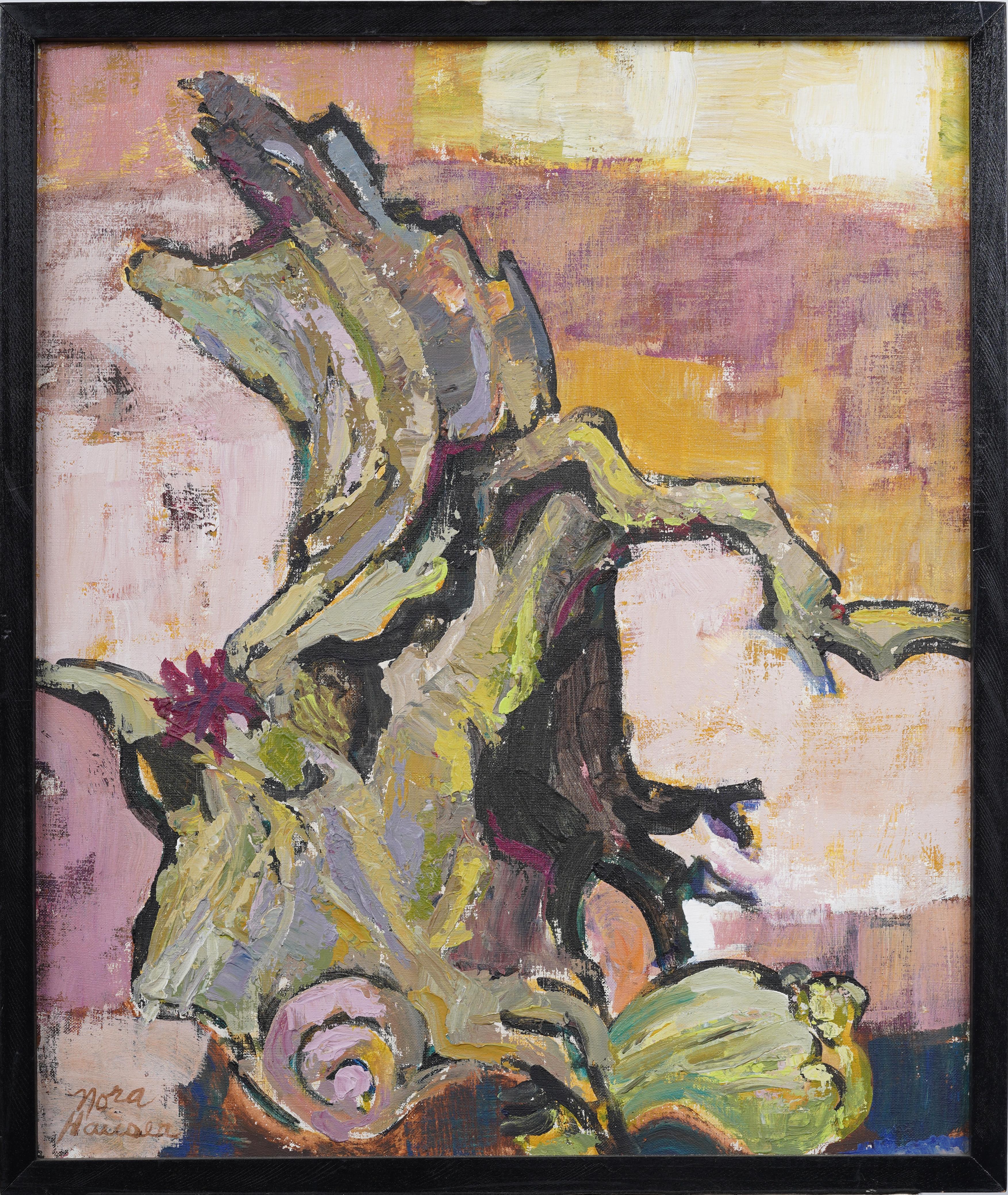 Antico dipinto ad olio americano modernista, scena surreale di spiaggia, natura morta con cornice - Painting di Nora Hauser 