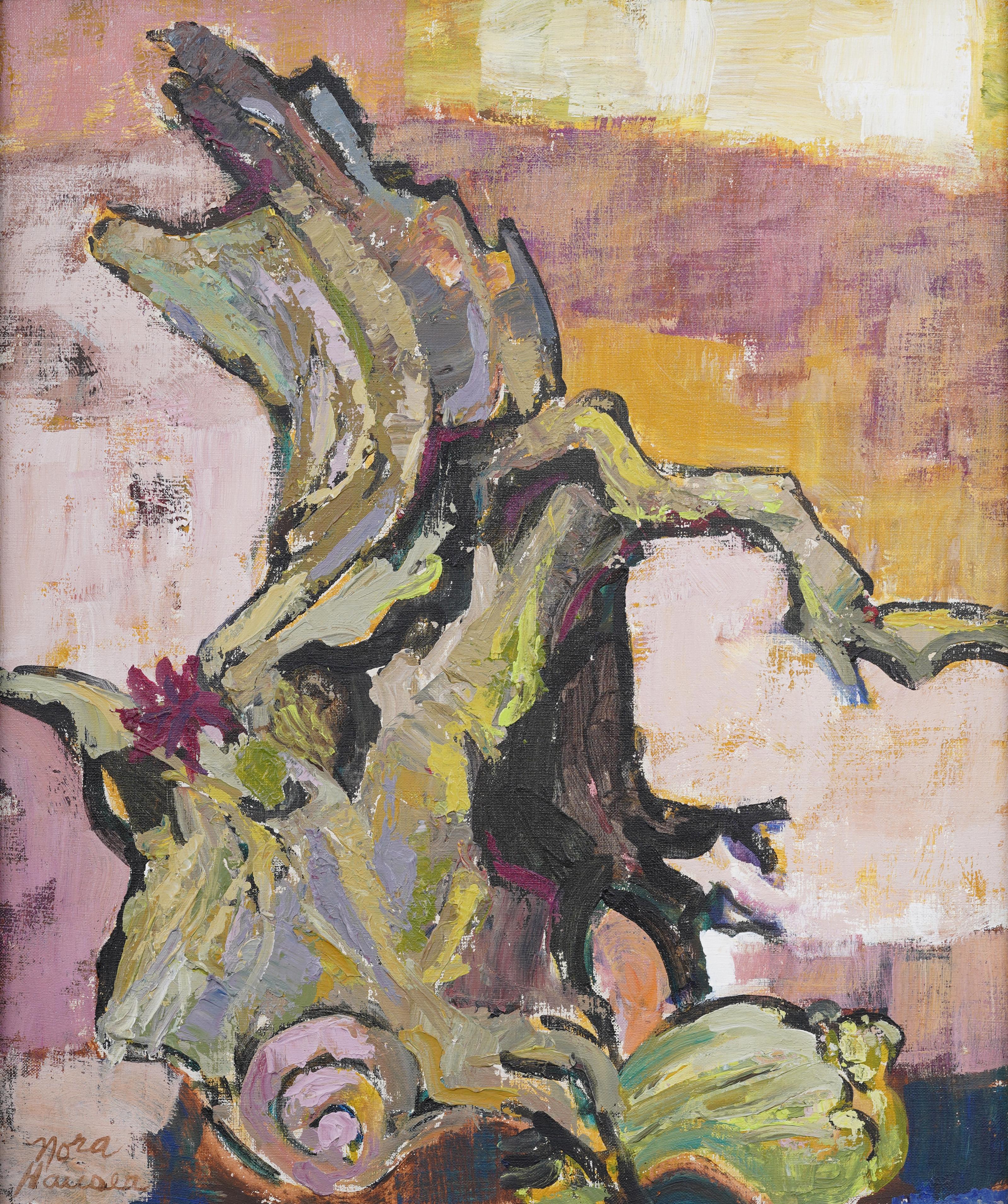 Antico dipinto ad olio americano modernista, scena surreale di spiaggia, natura morta con cornice - Painting Astratto di Nora Hauser 