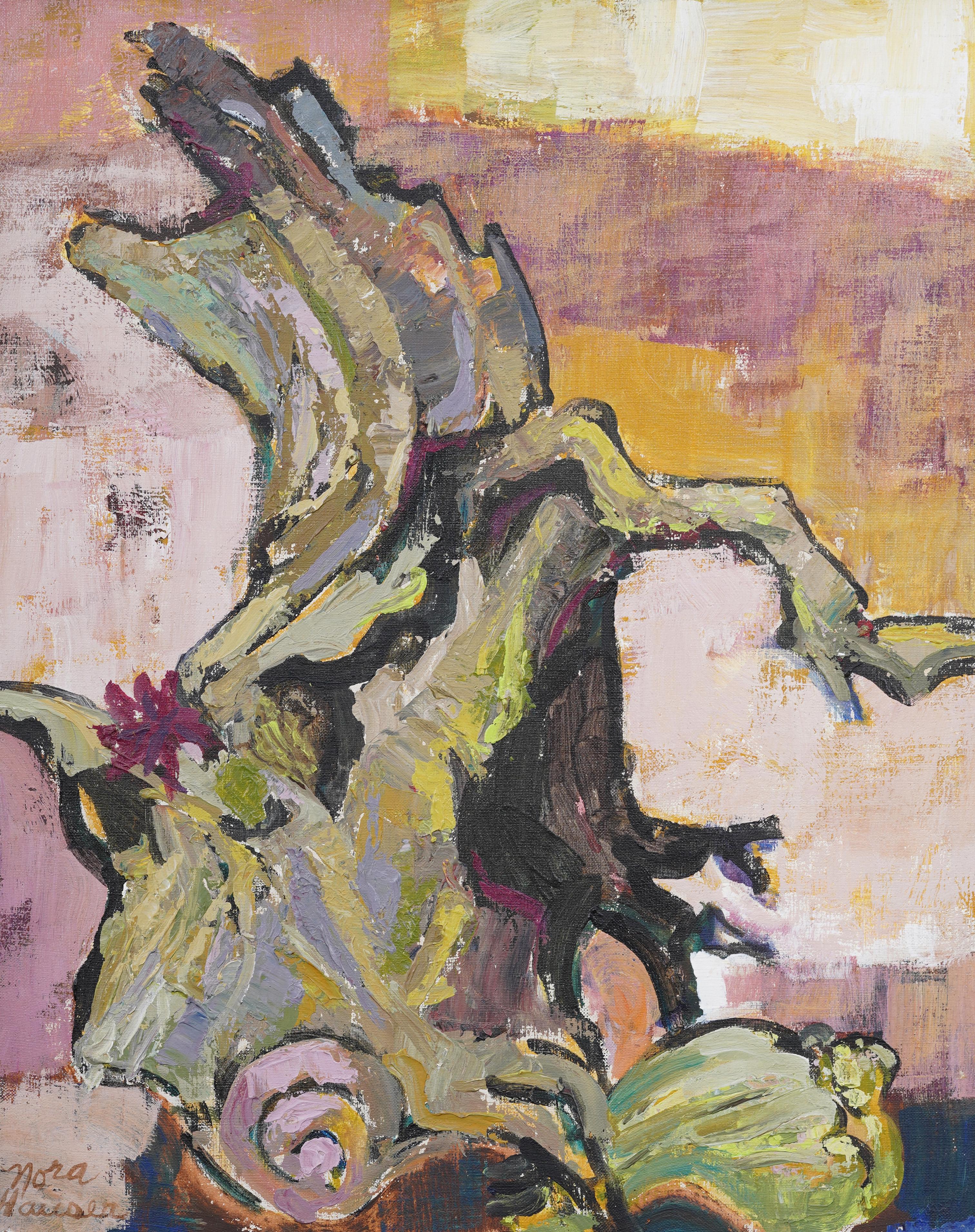 Antico dipinto ad olio americano modernista, scena surreale di spiaggia, natura morta con cornice - Abstract Painting Marrone di Nora Hauser 