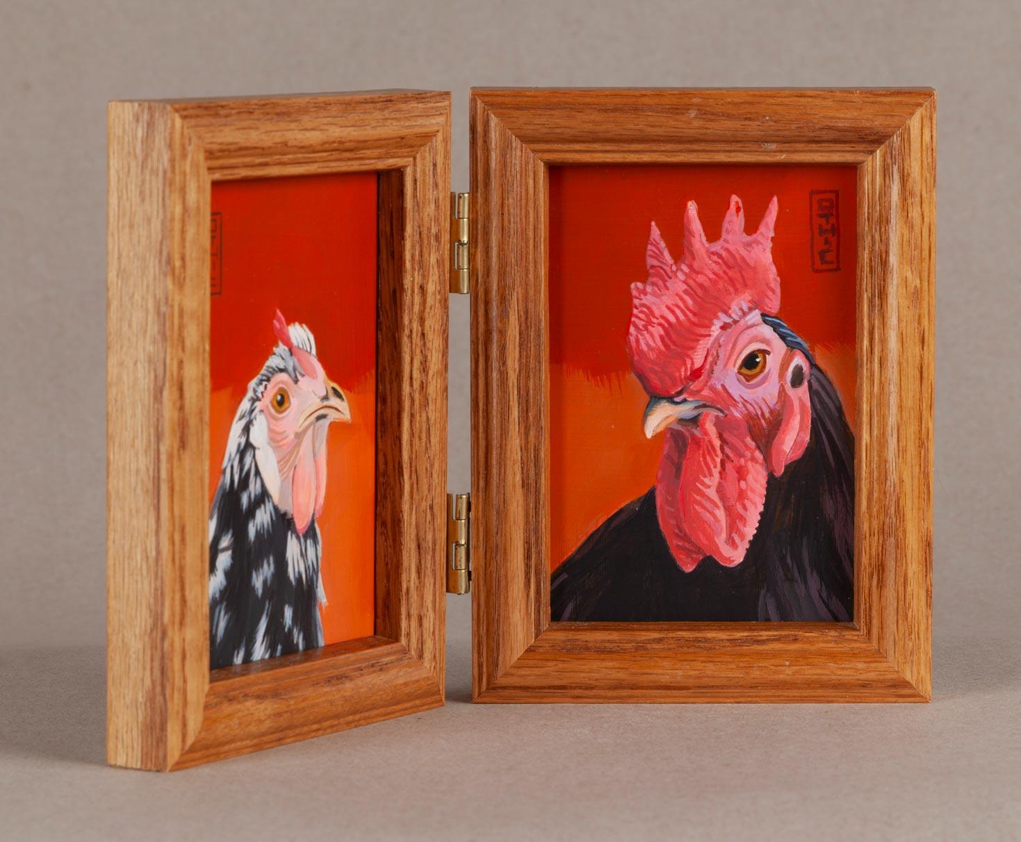 Hen and Rooster - Réalisme américain Painting par Nora Othic