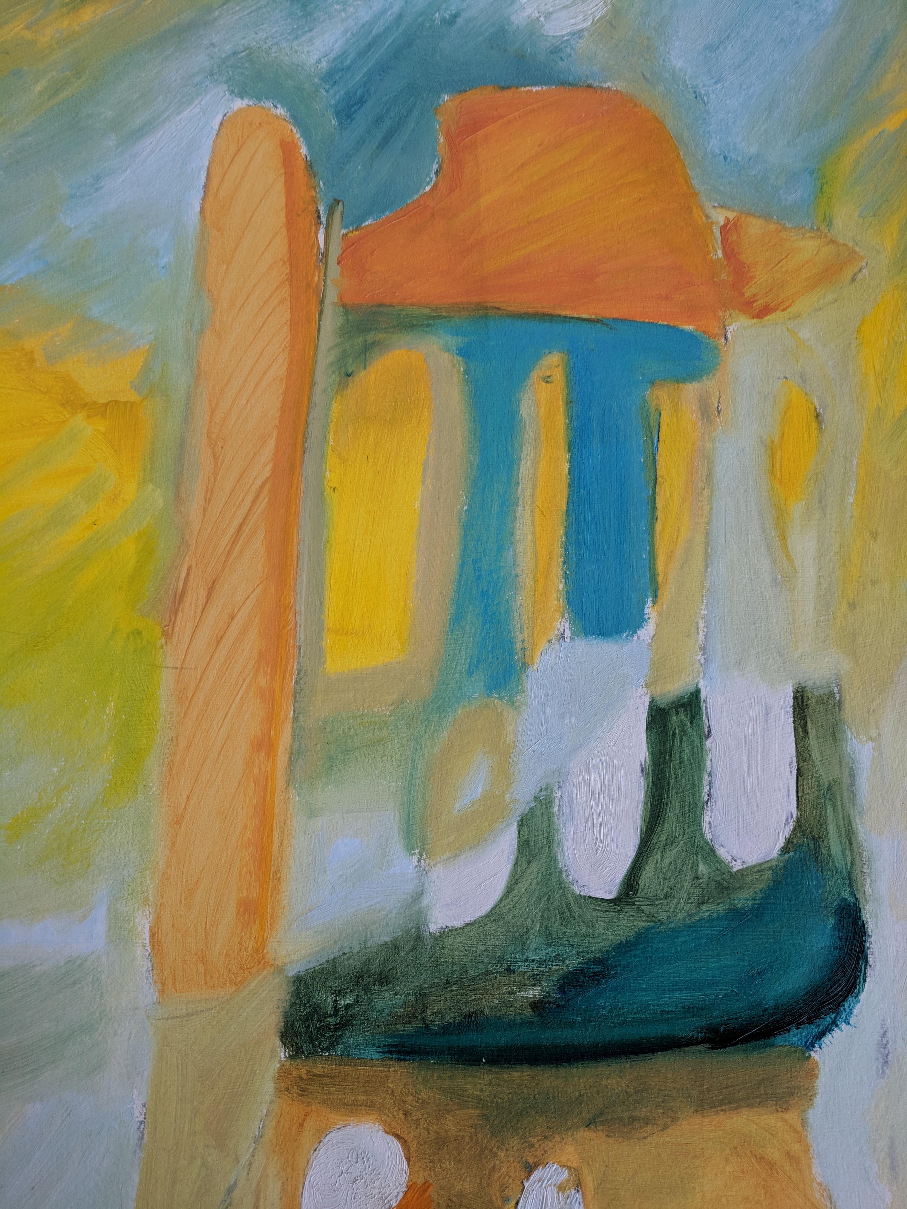 Esta pintura de técnica mixta utiliza óleos, pasteles y acrílicos sobre papel cartón para conseguir una obra abstracta que tiene otros elementos. Haciéndose eco de los pasteles, los colores son en su mayoría de ese estilo: amarillo, azul, turquesa,