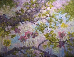 Estate : dipinto a olio su tela raffigurante alberi con fiori in fiore