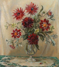 Norah Cuningham – Ölgemälde, rote Chrysanthemen, Mitte des 20. Jahrhunderts