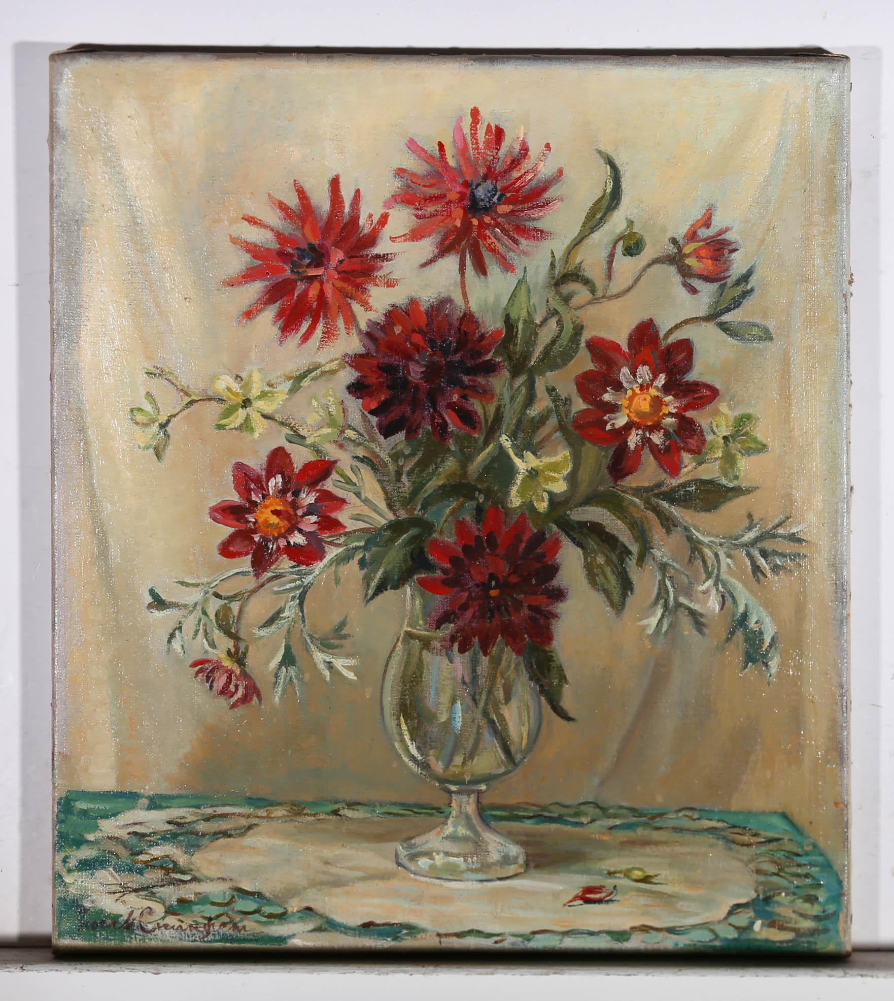 A fine Mid Century oil floral still life showing an elegant glass vase fully of impressive red chrysanthemums. The artist has signed to the lower left corner. On canvas.












