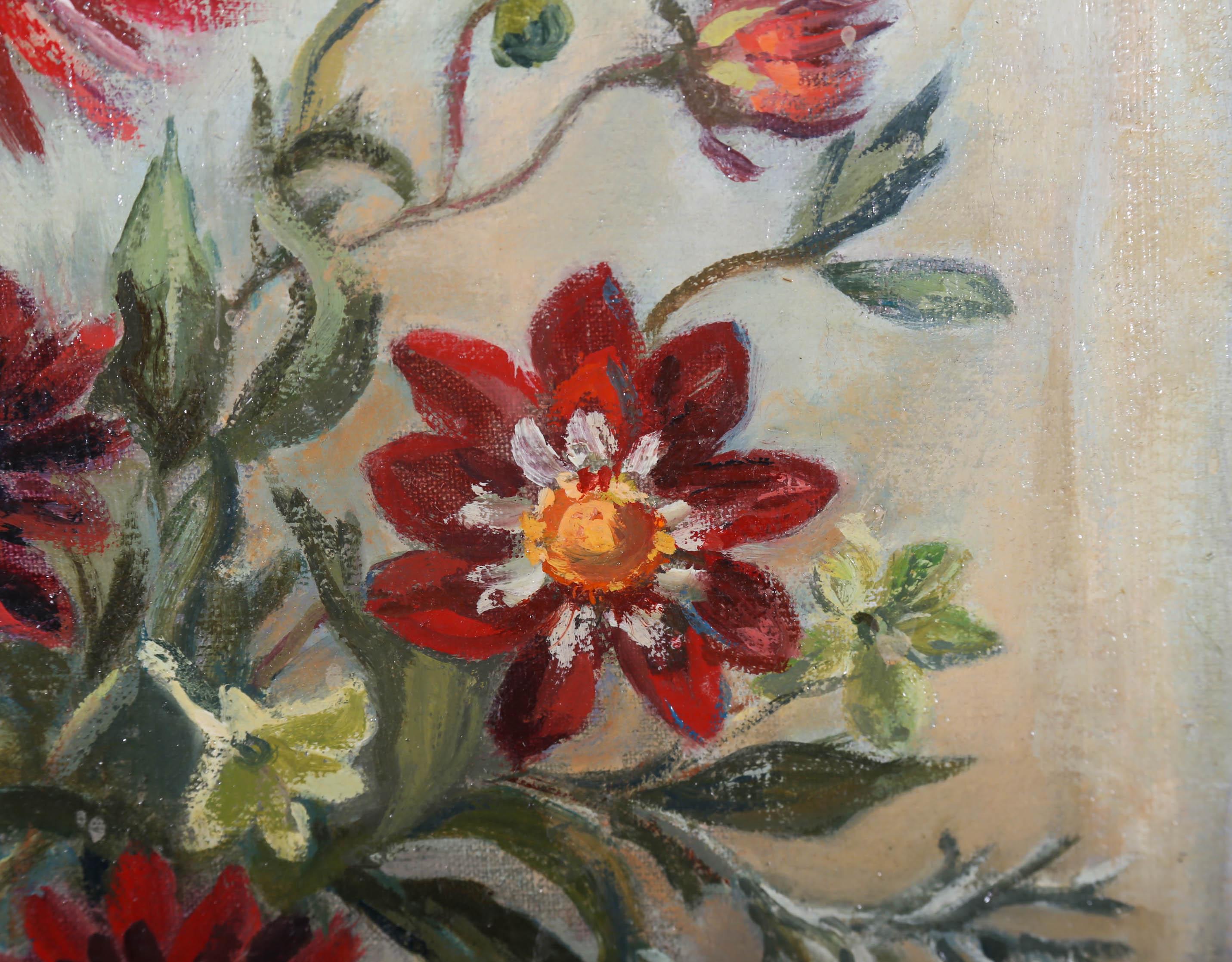 Norah Cuningham - Mid 20th Century Oil, Red Chrysanthemums 2