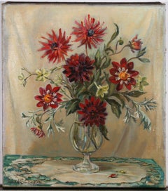 Norah Cuningham - Mid 20th Century Oil, Red Chrysanthemums