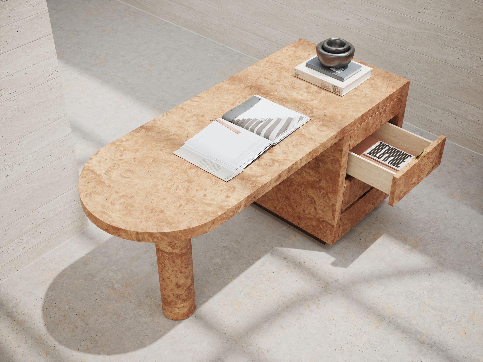 Norah desk made in Chestnut wood Burl with metal finish dividers and plinth. Drawers unit and round leg support the top. The desk can be supplied with a left or right side, in matt or glossy finish.
4356