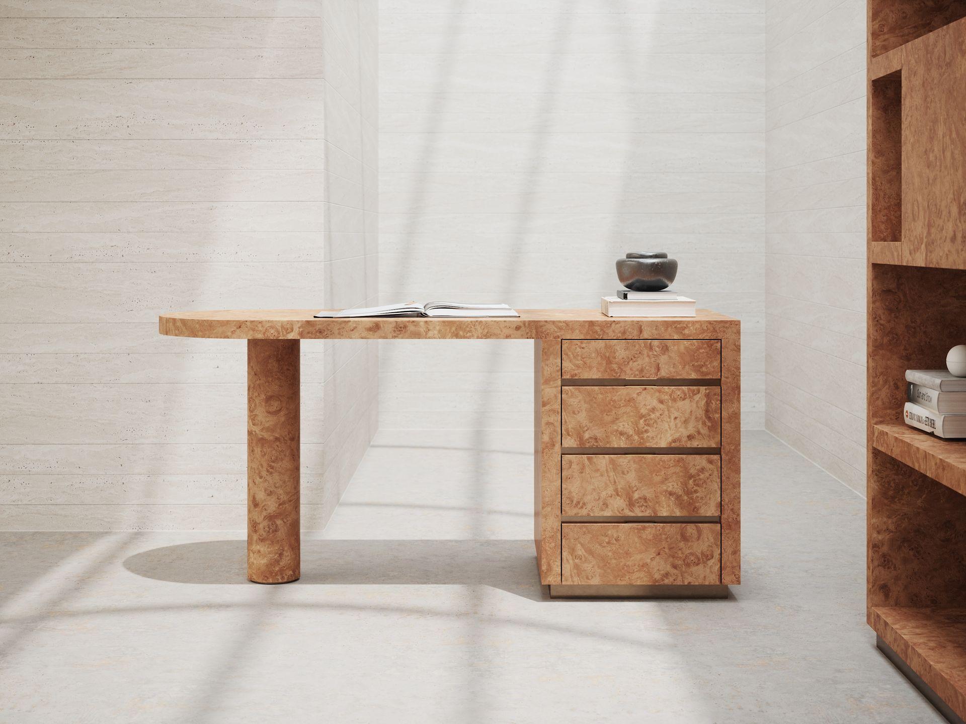 Italian NORAH home desk in real chestnut wood burl For Sale