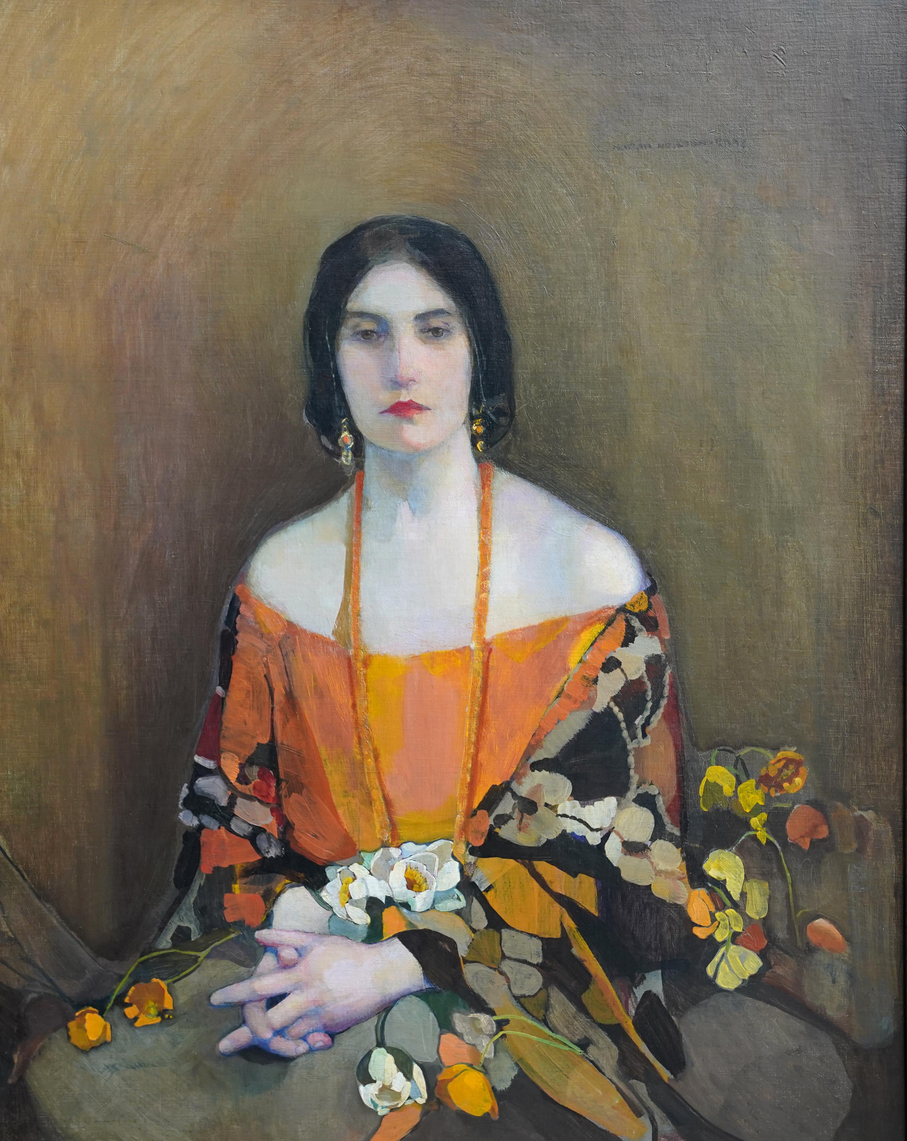 Exotique - peinture à l'huile écossaise des années 1920 exposée 'Glasgow Girl' portrait d'art - Painting de Norah Neilson Gray