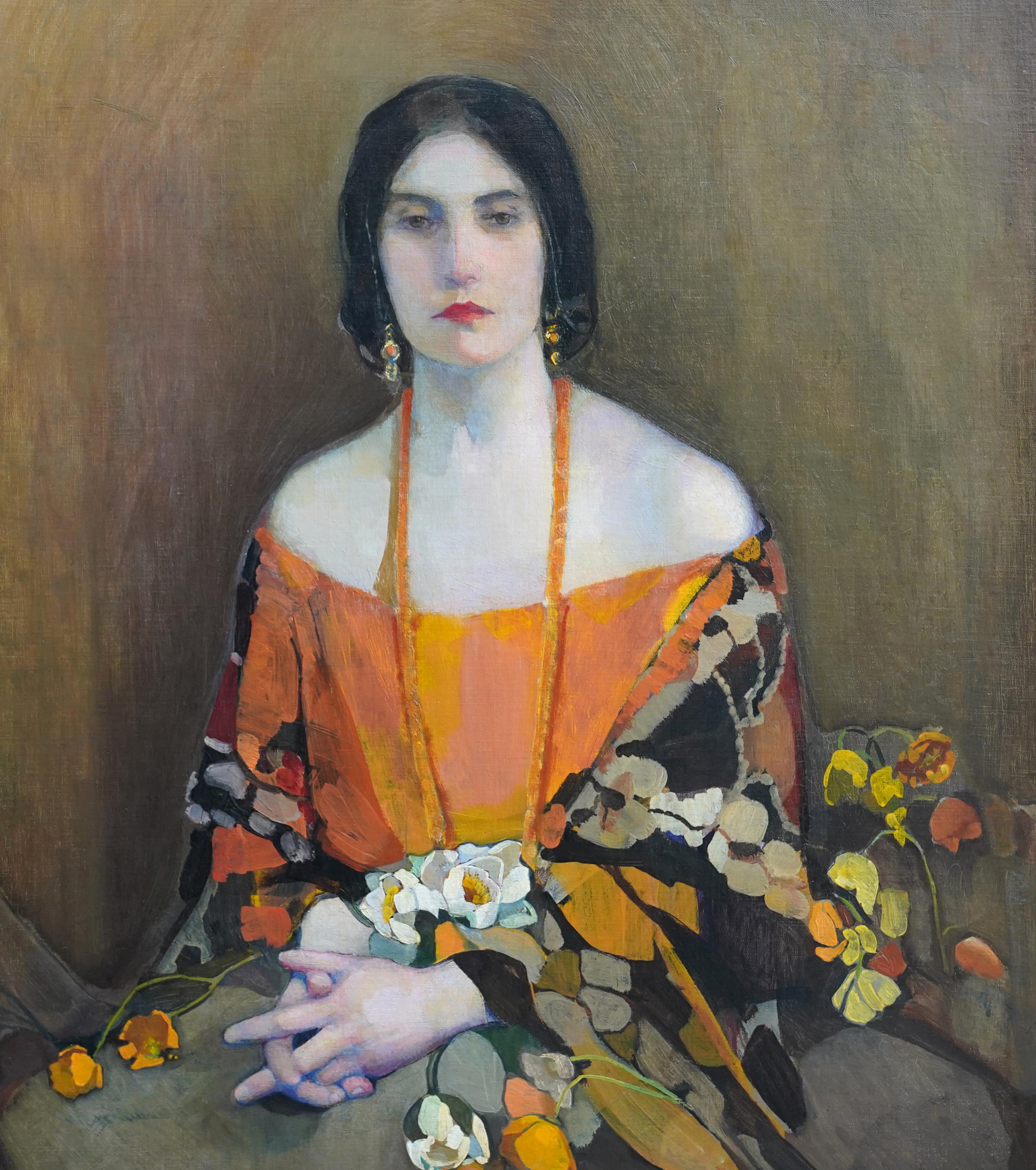 Exotique - peinture à l'huile écossaise des années 1920 exposée 'Glasgow Girl' portrait d'art - Art déco Painting par Norah Neilson Gray