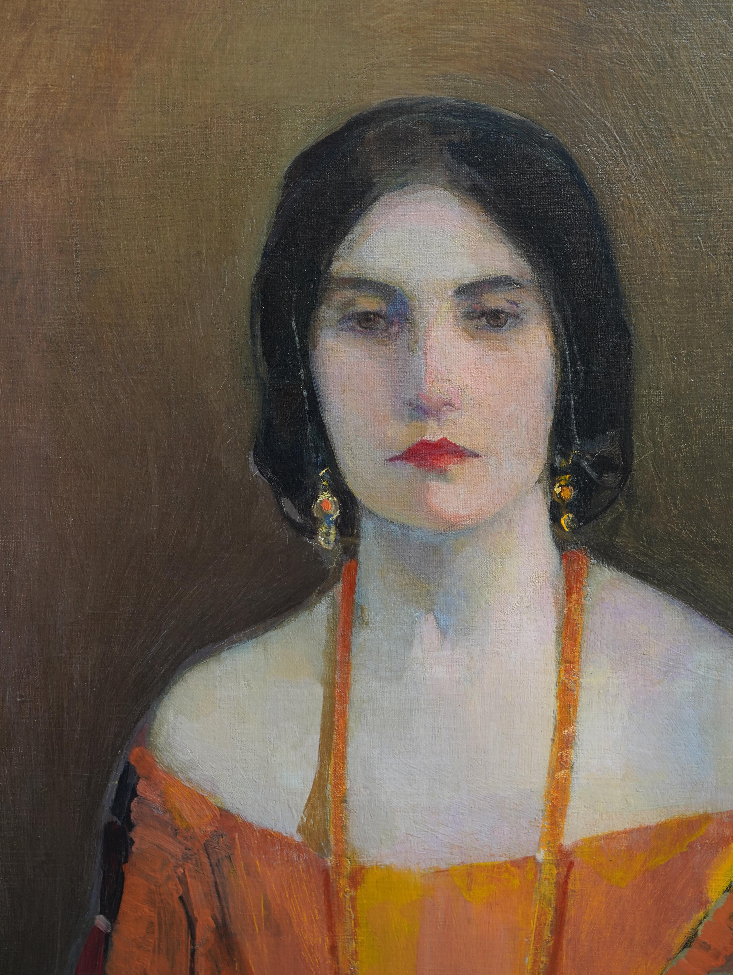 Exotique - peinture à l'huile écossaise des années 1920 exposée 'Glasgow Girl' portrait d'art en vente 1