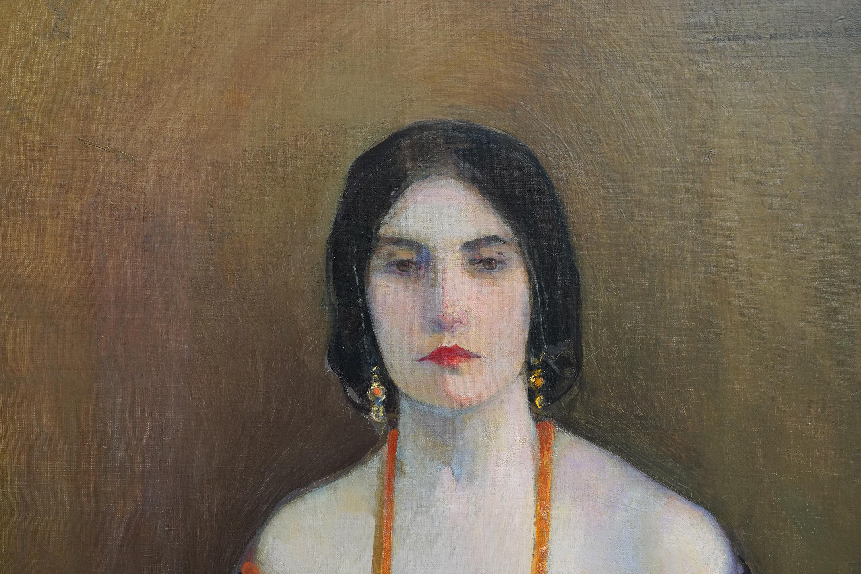 This stunning much exhibited 1920's Scottish portrait oil painting is by noted Glasgow Girl artist Norah Nielson Gray. Painted circa 1923, the model for the painting was Rita McIlraith but the artist did not want to use her name in the title and it