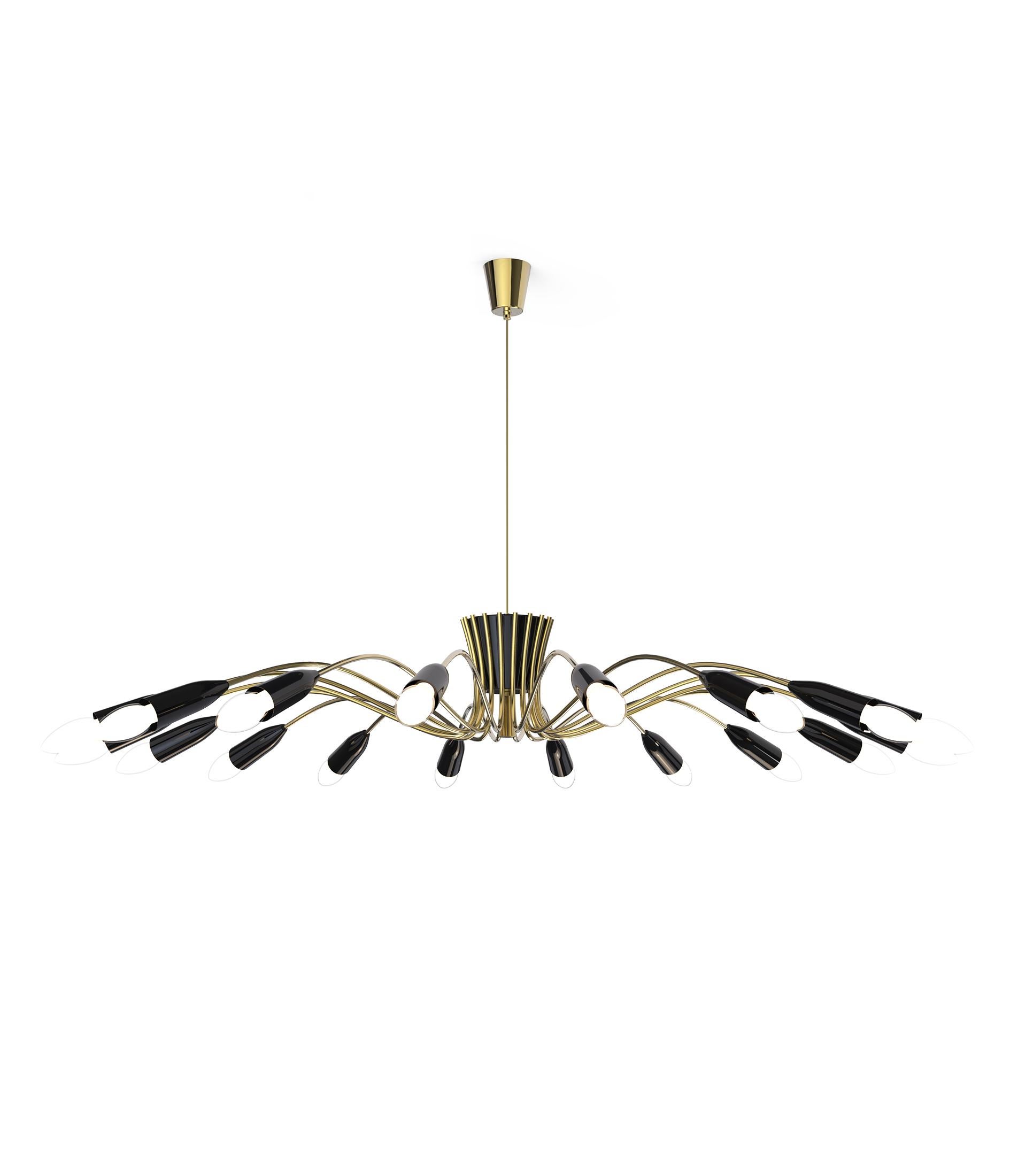 Norah is a Mid-Century Modern lighting design that was inspired by the 50s decor. This modern Sputnik chandelier light is the perfect combination of a Mid-Century Modern design and a Minimalist design. The standout feature on this 17-light brass