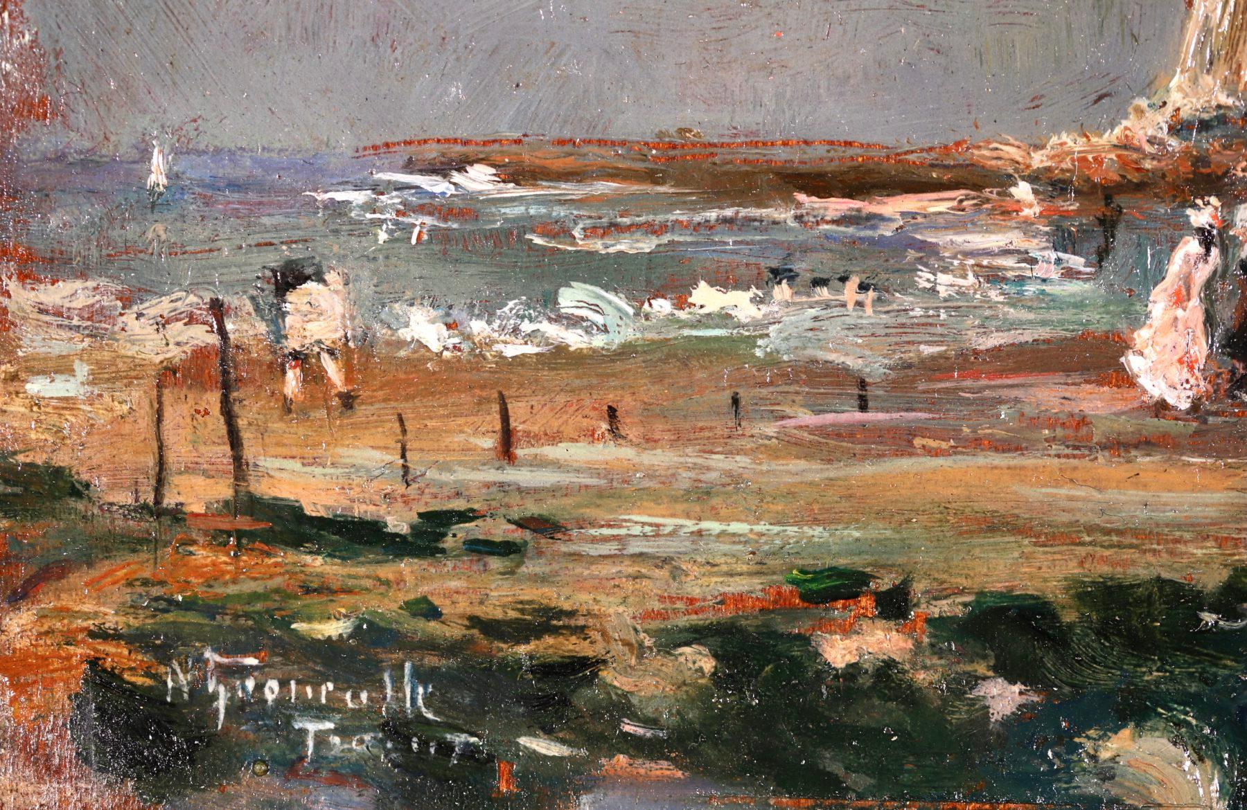 On the Beach - Impressionist Oil, Figures in Landscape by Norbert Goeneutte 3