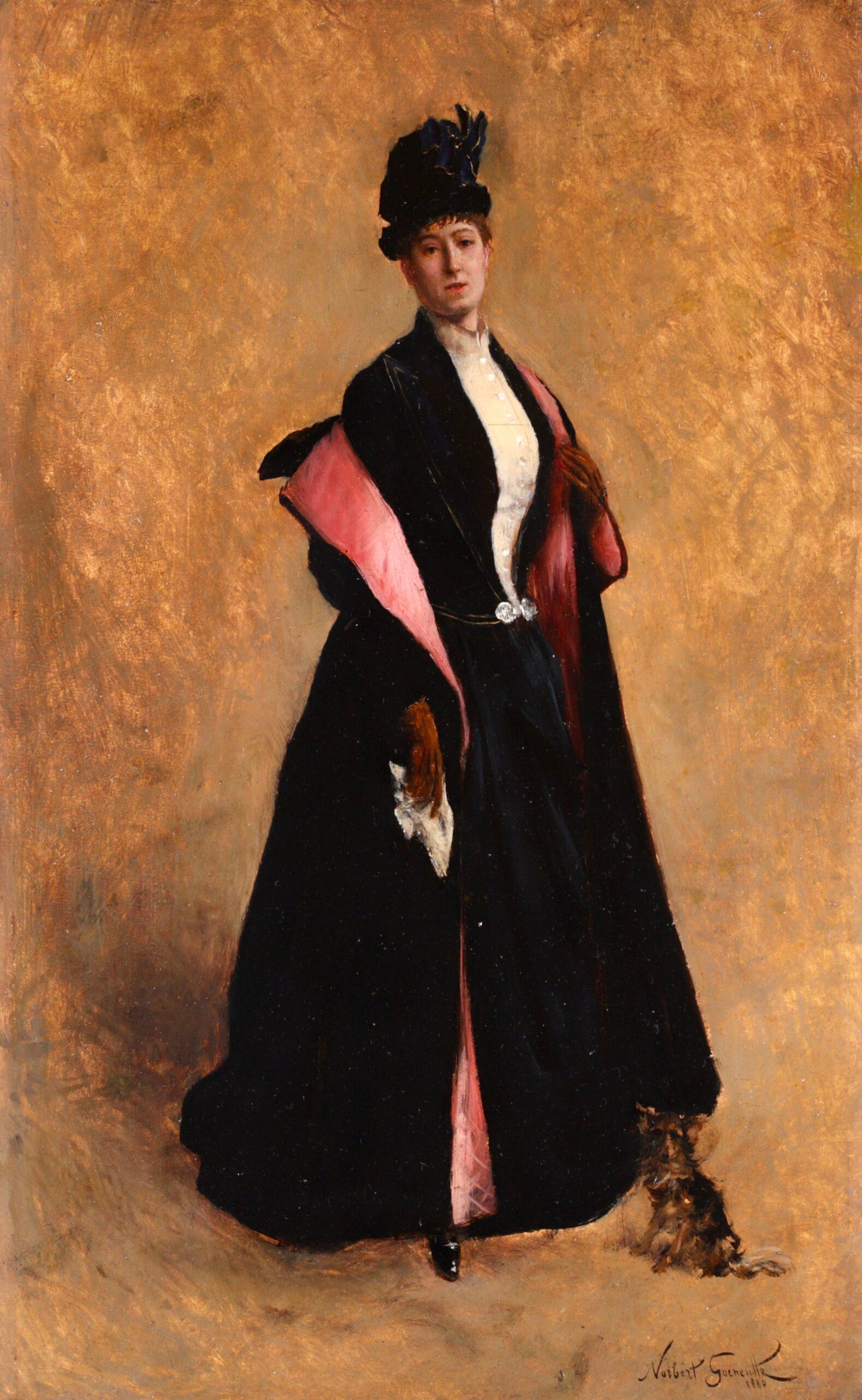 Signed, titled and dated figurative oil on panel by French impressionist painter Norbert Goeneutte. The work depicts an elegant lady dressed in black with a white blouse and a full length black coat lined with red satin. She is clutching a white