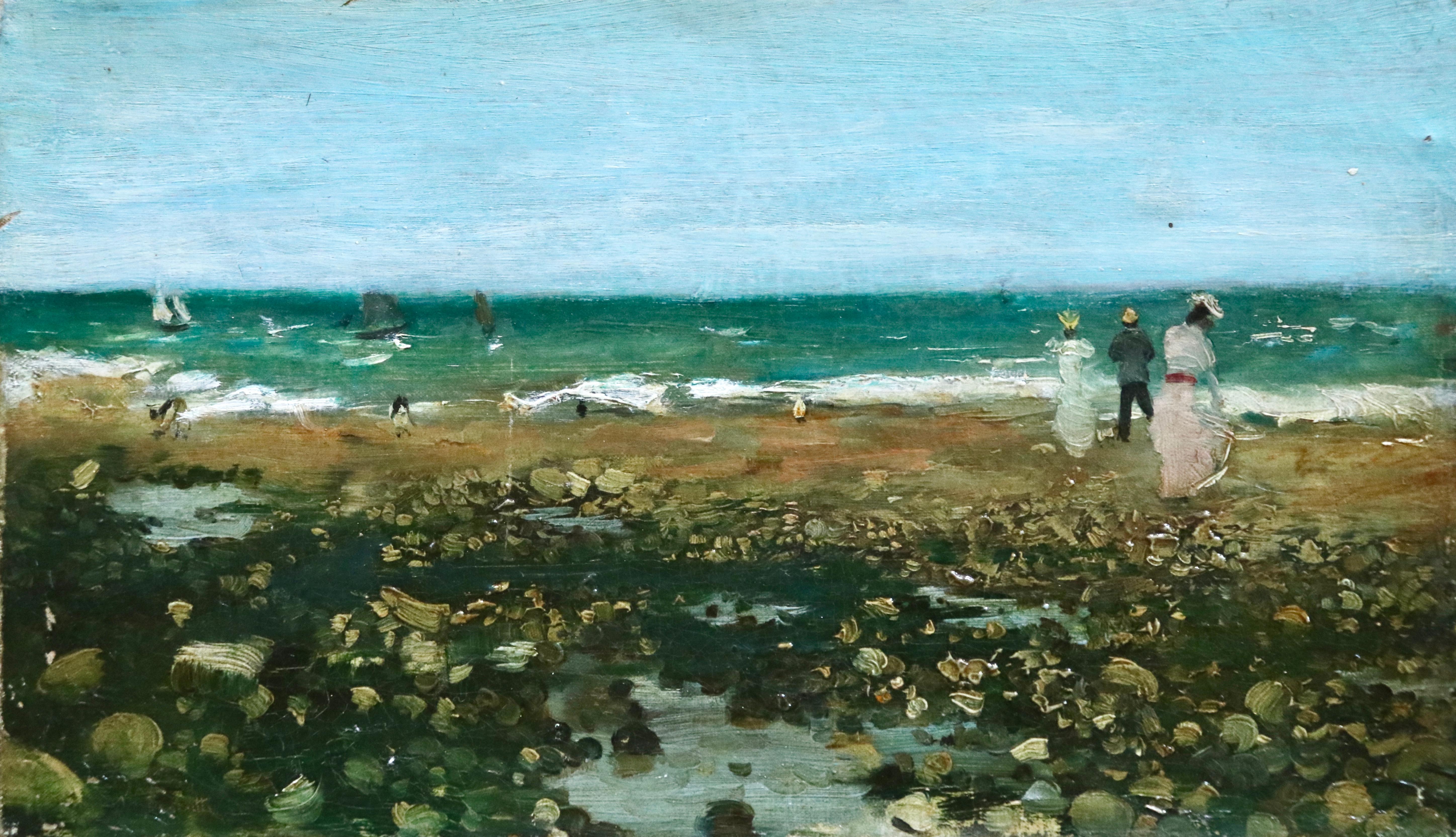Norbert Goeneutte Figurative Painting - Sur La Plage - 19th Century Oil, Elegant Figures Coastal Landscape - N Goeneutte