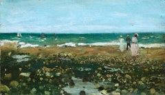 Sur La Plage - Huile du 19ème siècle:: Figures élégantes Paysage côtier - N Goeneutte