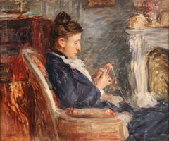 Woman Crocheting - Impressionist Oil, Figure in Interior by Norbert Goeneutte