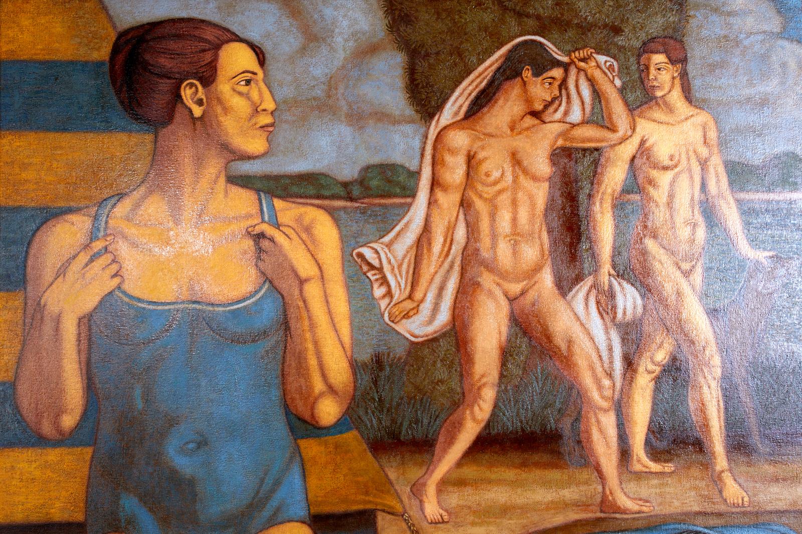 Bather's with Fish Oil on Canvas - Gray Figurative Painting by Norbert Schlaus