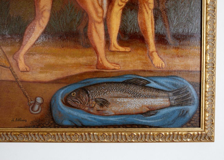 Captivating figurative oil on canvas painting by Norbert Schlaus (American/German 1927-2009) titled Bather's with Fish. Depicts three female bathers with a dog and a fish. Signed on bottom center of painting and set in an Italian gilt wood frame.
