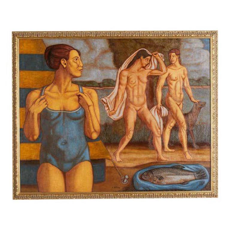 Norbert Schlaus Figurative Painting - Bather's with Fish Oil on Canvas