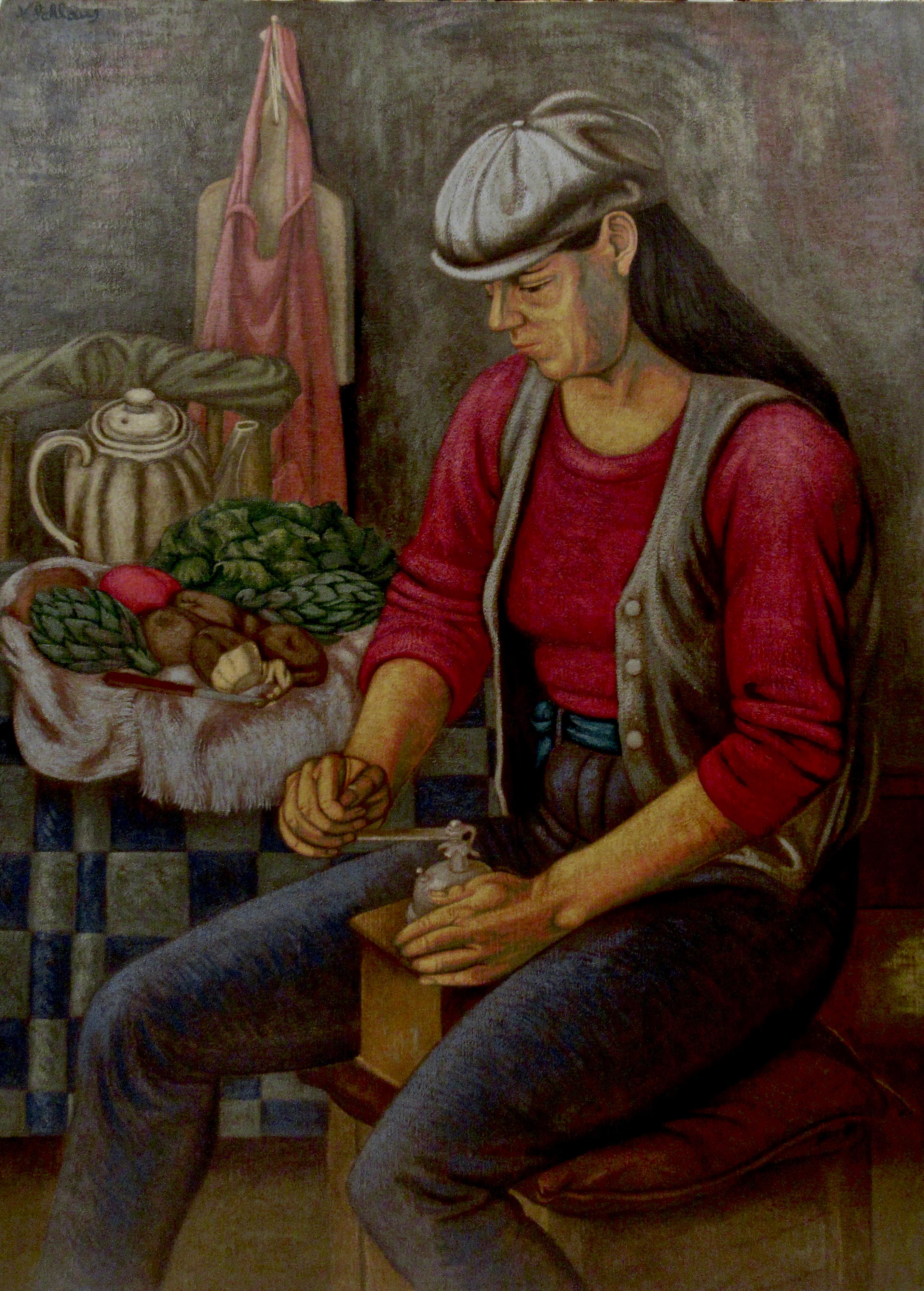 Norbert Schlaus Figurative Painting - Grinding Coffee