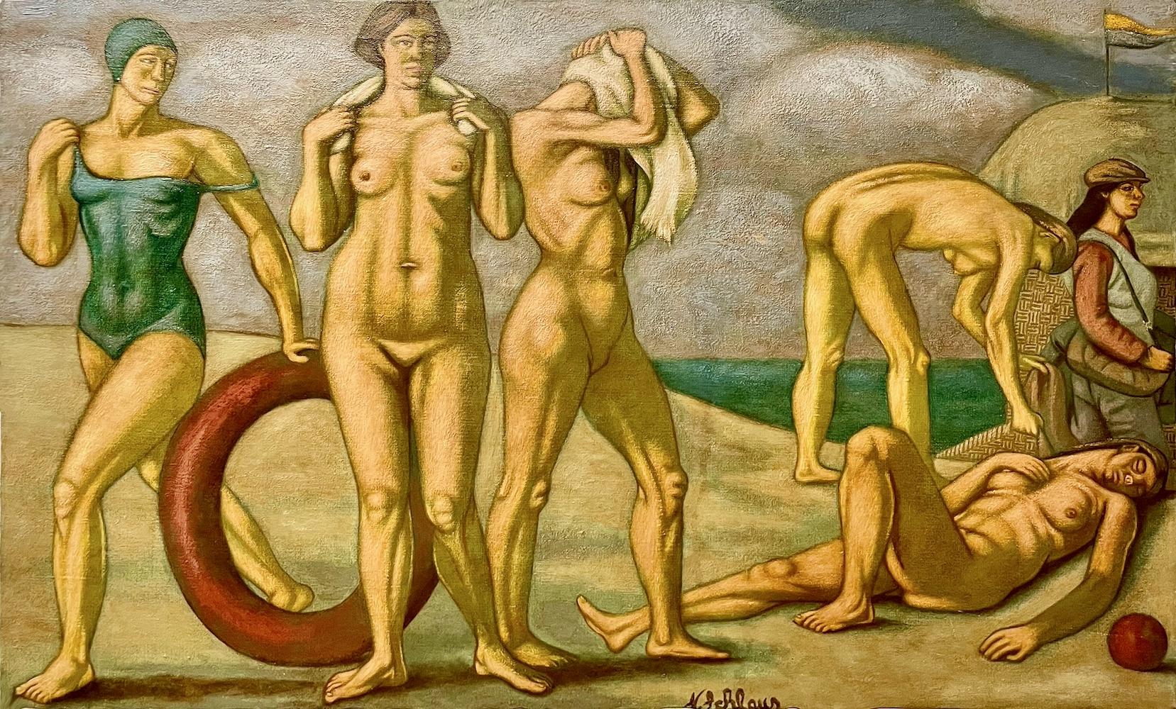 Muscular Nude Women Bathers at the Seaside