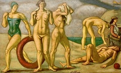 Muscular Nudefarbene Frauen, die am Meer baden, am Meer