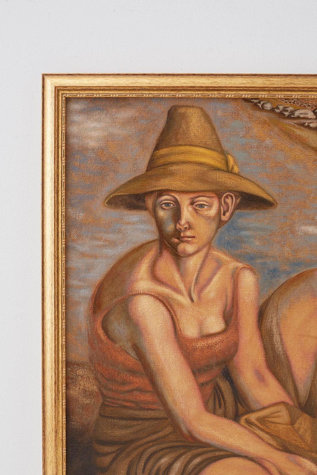 Ölgemälde einer sitzenden Frau (Beige), Figurative Painting, von Norbert Schlaus