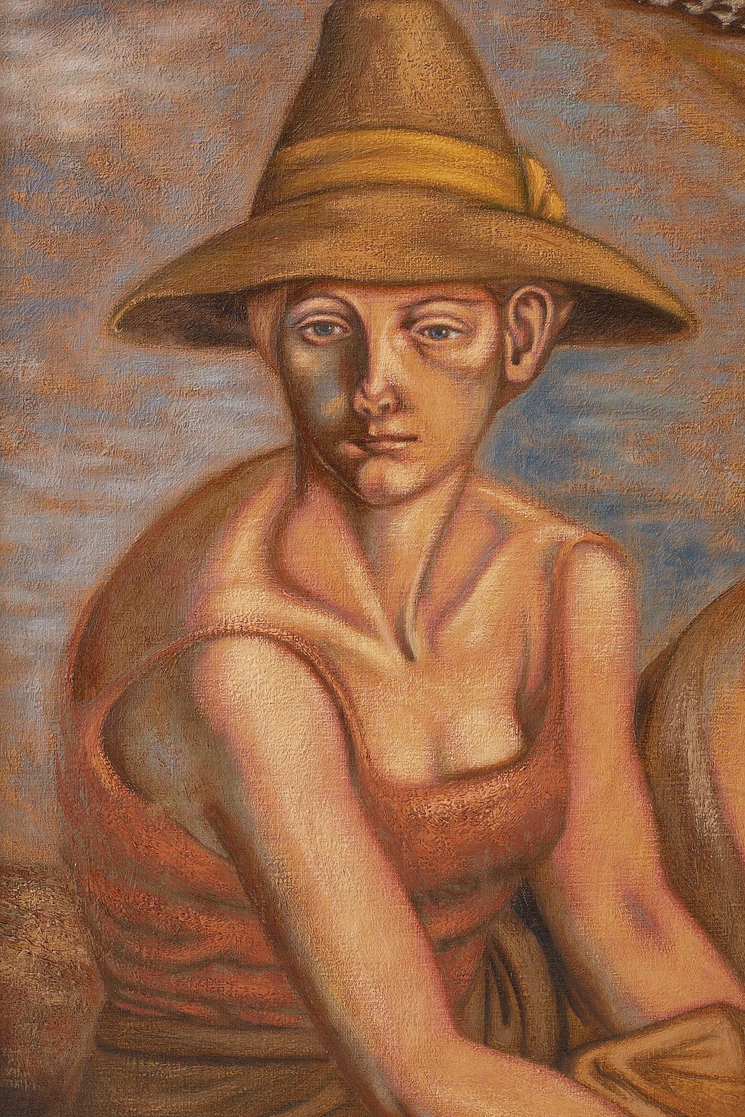Faszinierendes figuratives Gemälde von Norbert Schlaus (Deutscher 1927-2009), das eine sitzende Frau mit Hut und Früchten darstellt. Schlaus wurde in Oberhausen, Deutschland, geboren und zog 1962 nach Kalifornien. Seine erstaunlichen Arbeiten