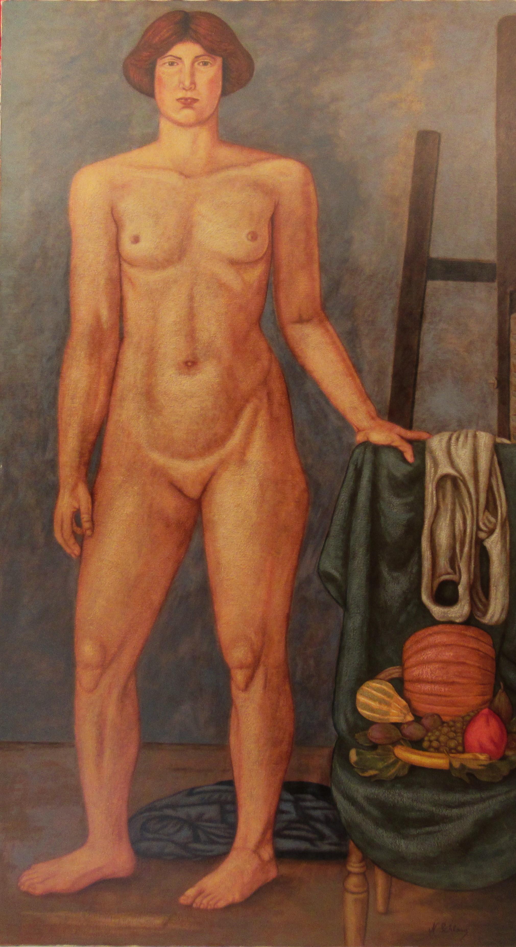 Norbert Schlaus Nude Painting - "Nude with Chair and Fruit" Large oil painting on canvas