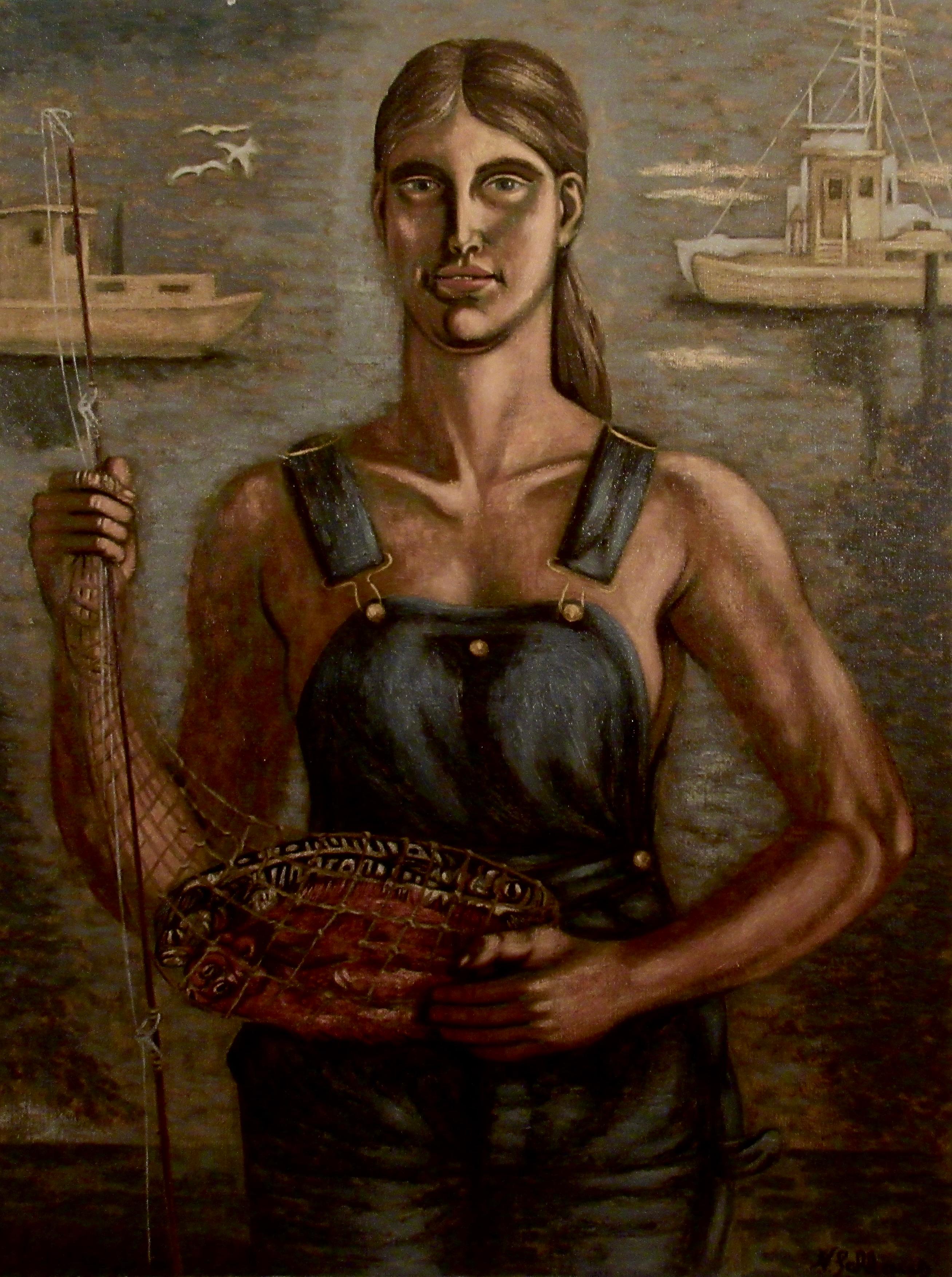 Norbert Schlaus Figurative Painting - The Fisherwoman