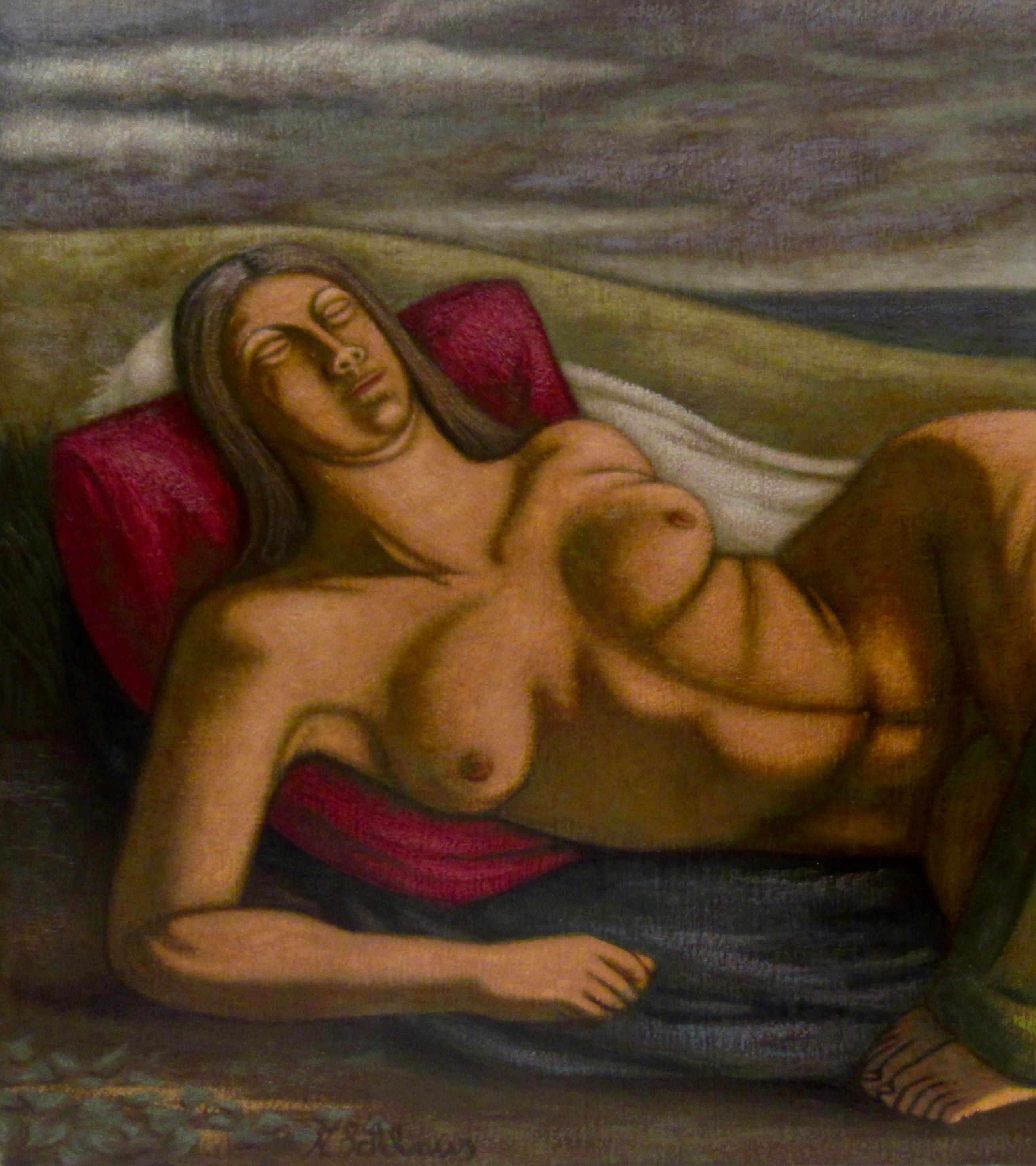 Deux nus dans un paysage - Painting de Norbert Schlaus
