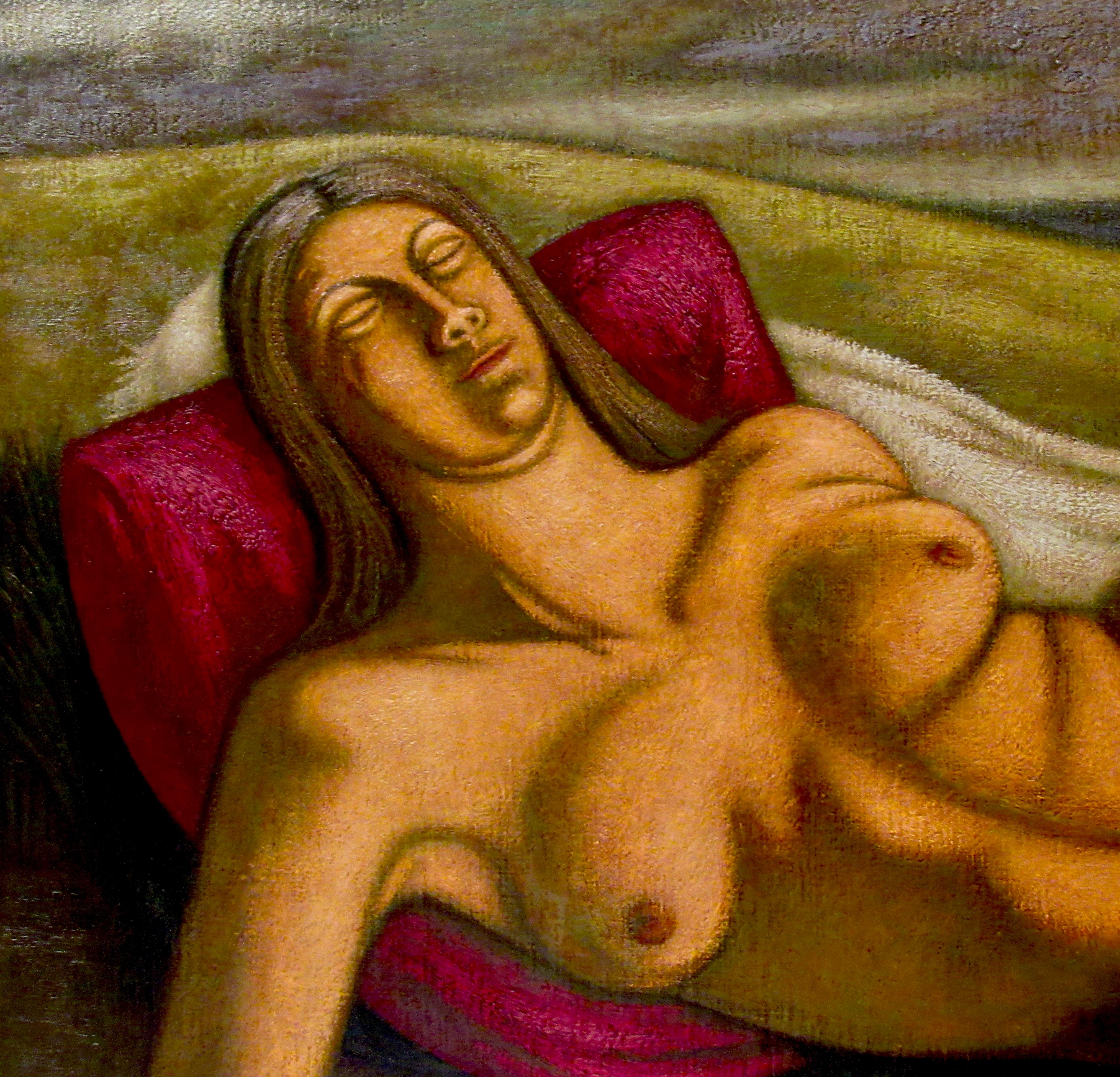Two Nudes in a Landscape - Brown Nude Painting by Norbert Schlaus