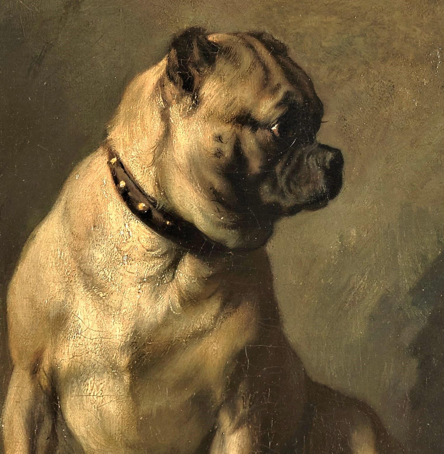 Portrait de chien antique : "Mops" un carlin assis, Norbert Schrödl (Vienne, 1842-1912)