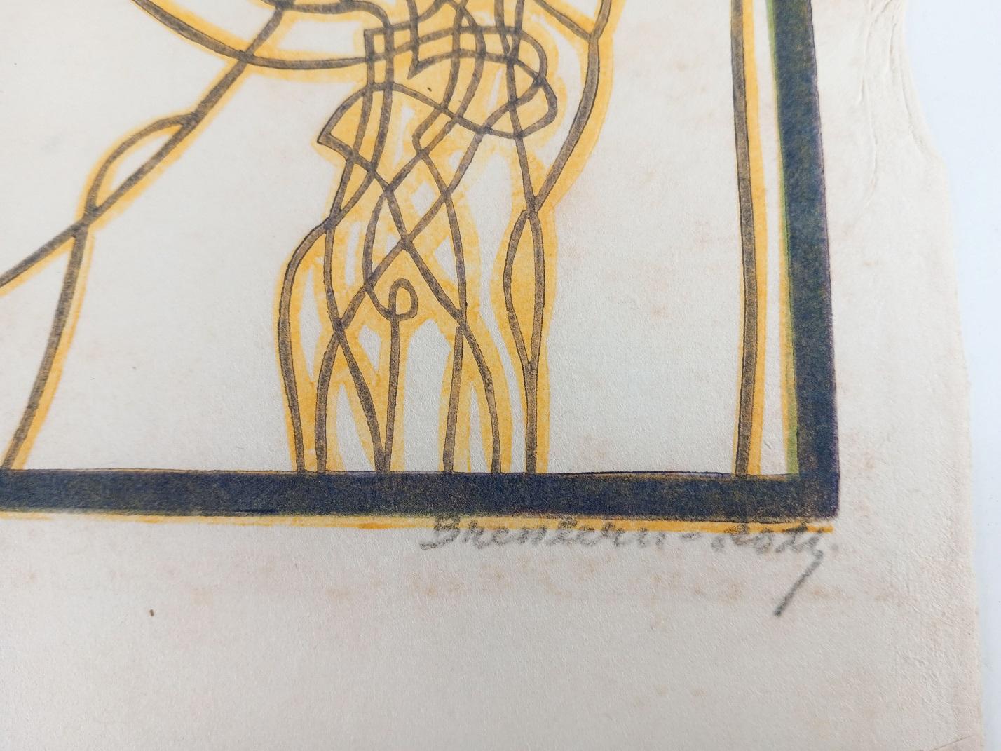 Vintage, ca. 1920er Jahre tropische gelbe und blaue Papageien Linolschnitt in Farbe auf dünnem Japanpapier von Norbertine von Bresslern-Roth (1891-1978) Österreich. Renommierte Künstlerin, bekannt für ihre Tiere. Am unteren Rand mit Bleistift