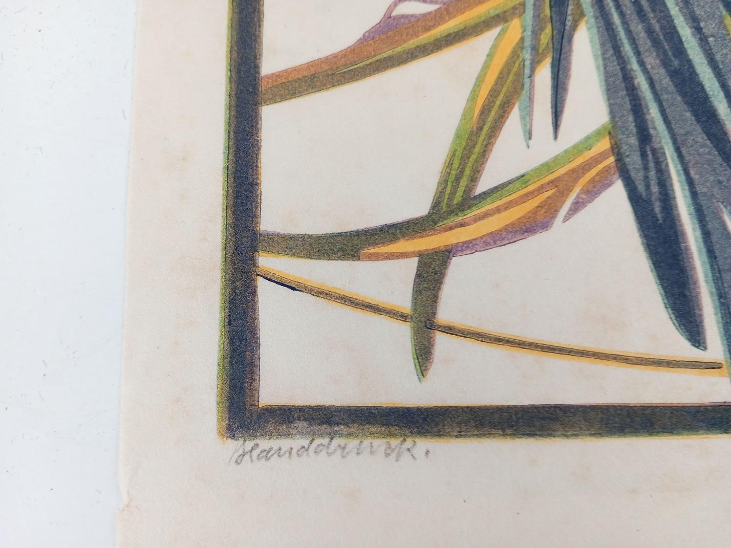 Norbertine Von Bresslern-Roth Blau-gelbe Papageien-Holzschnitt (Arts and Crafts)