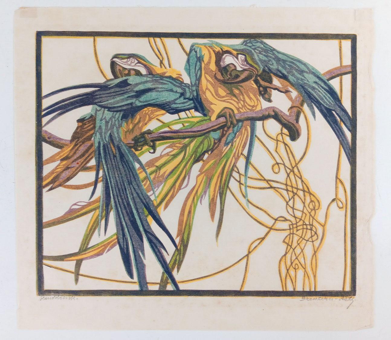 Norbertine Von Bresslern-Roth Blau-gelbe Papageien-Holzschnitt (Österreichisch)