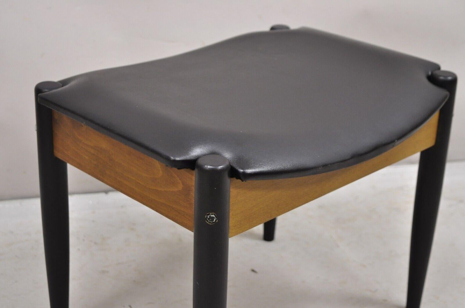 Wood Norco Mid Century Modern Sculpted Footstool Ottoman Tapered Leg Black Vinyl Seat For Sale