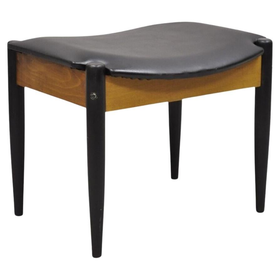 Norco Mid Century Modern Sculpted Footstool Ottoman Tapered Leg Black Vinyl Seat For Sale