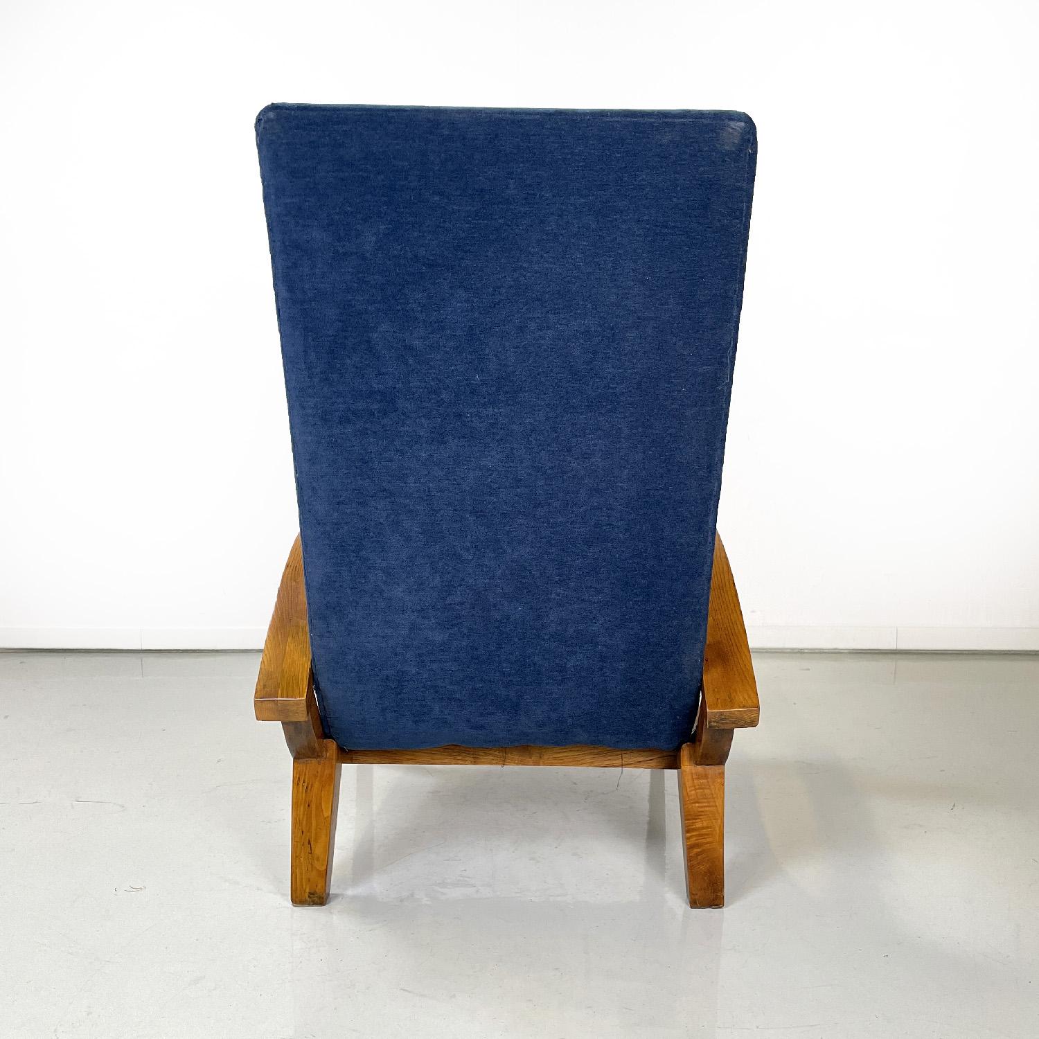 Mid-20th Century Italian mid-century modern wood and blue fabric armchairs, 1950s For Sale