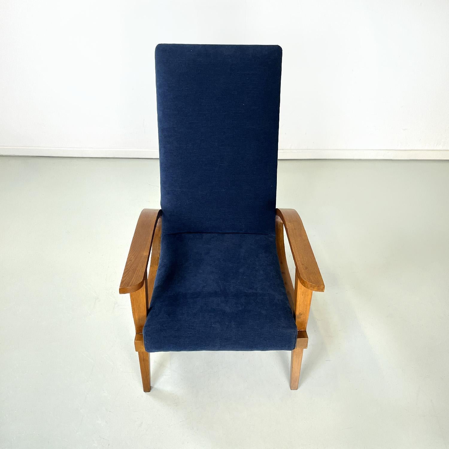 Fabric Italian mid-century modern wood and blue fabric armchairs, 1950s For Sale