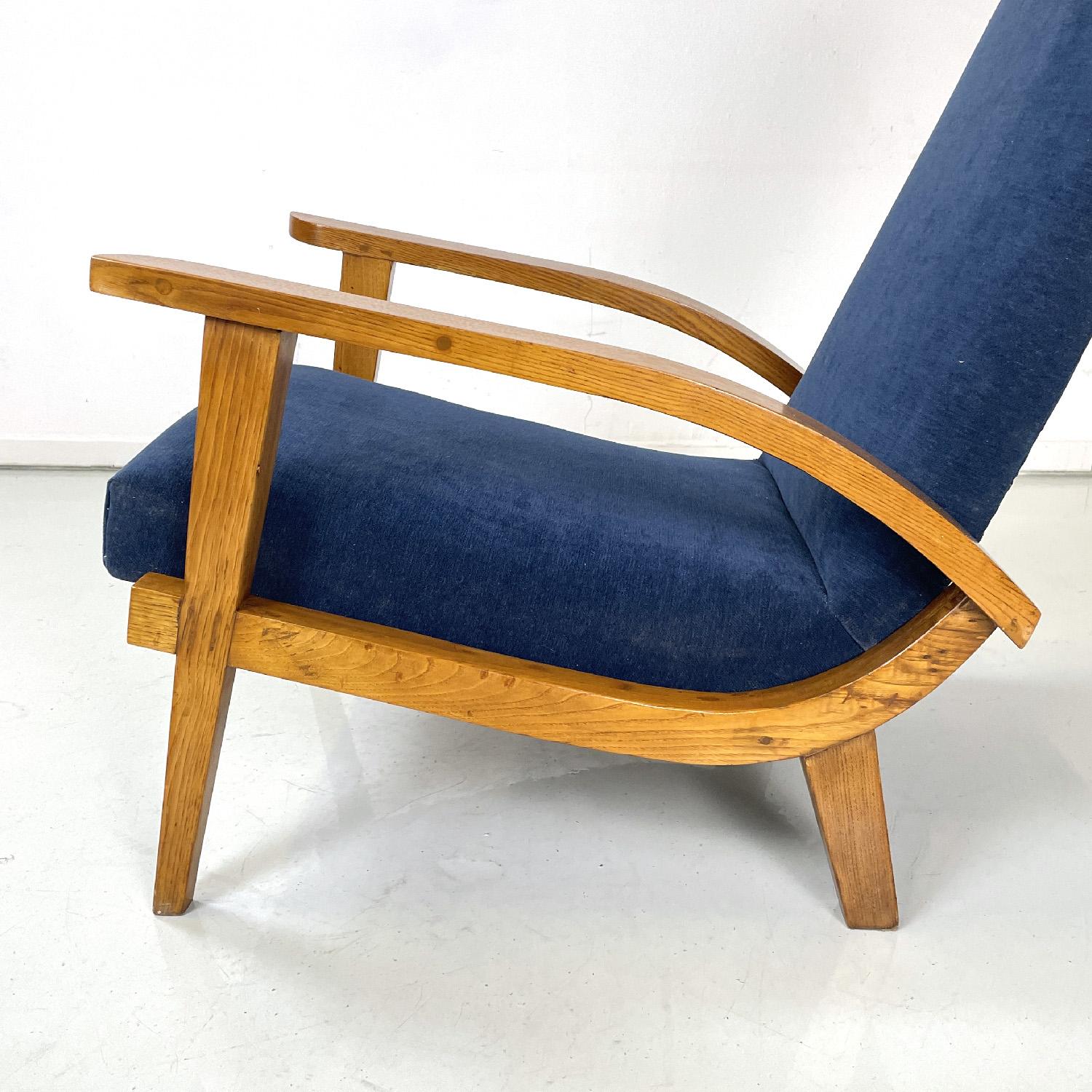 Italian mid-century modern wood and blue fabric armchairs, 1950s For Sale 1