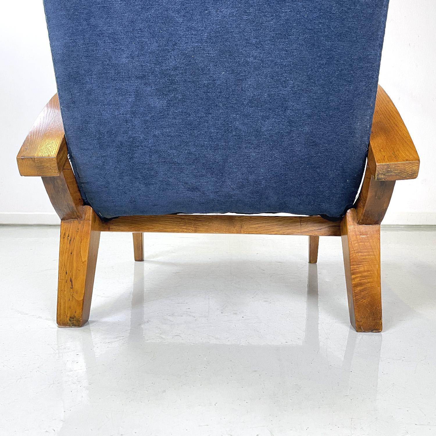 Italian mid-century modern wood and blue fabric armchairs, 1950s For Sale 2