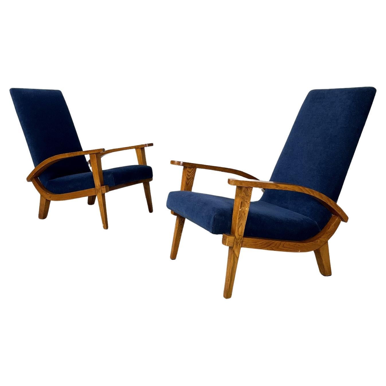 Italian mid-century modern wood and blue fabric armchairs, 1950s For Sale