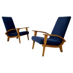 Vintage Italian mid-century modern wood and blue fabric armchairs, 1950s